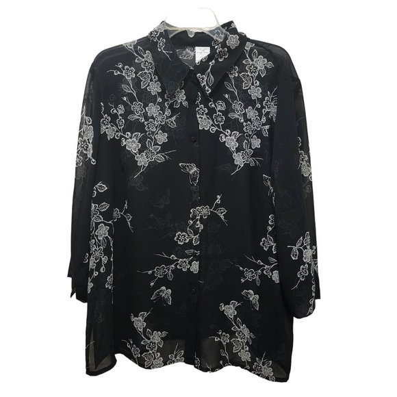 Emma James Tops - Emma James Womens Blouse 20W Plus Size Sheer Black White Floral Liz Claiborne
